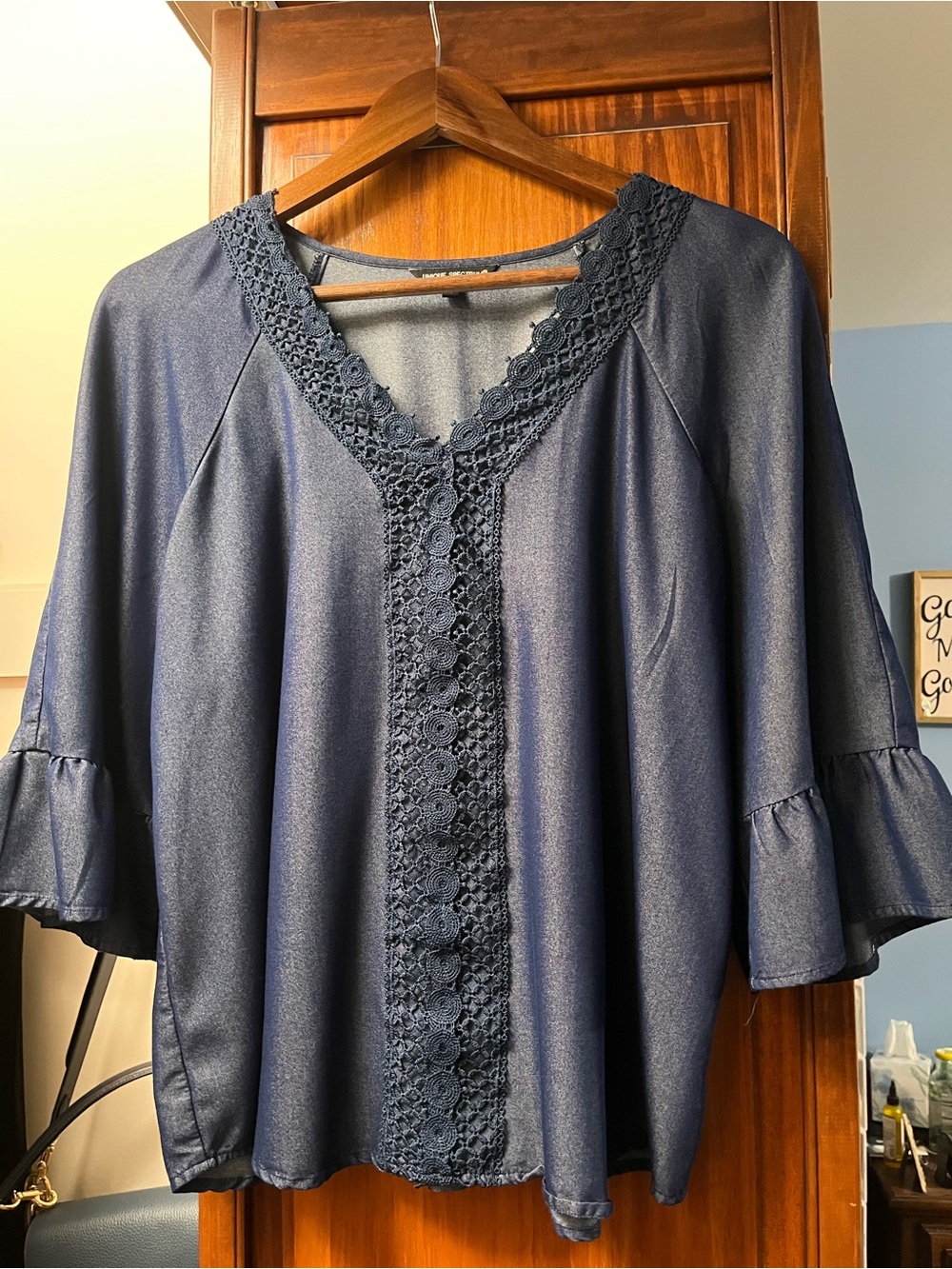 Unique Spectrum Navy Crochet-Trim V-Neck Blouse